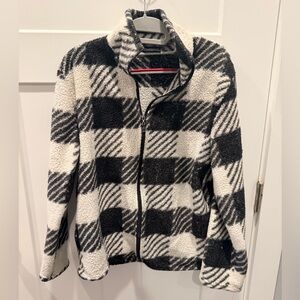 Real Essentials Sherpa Fleece Jacket Women’s Small Black White Plaid Full Zip